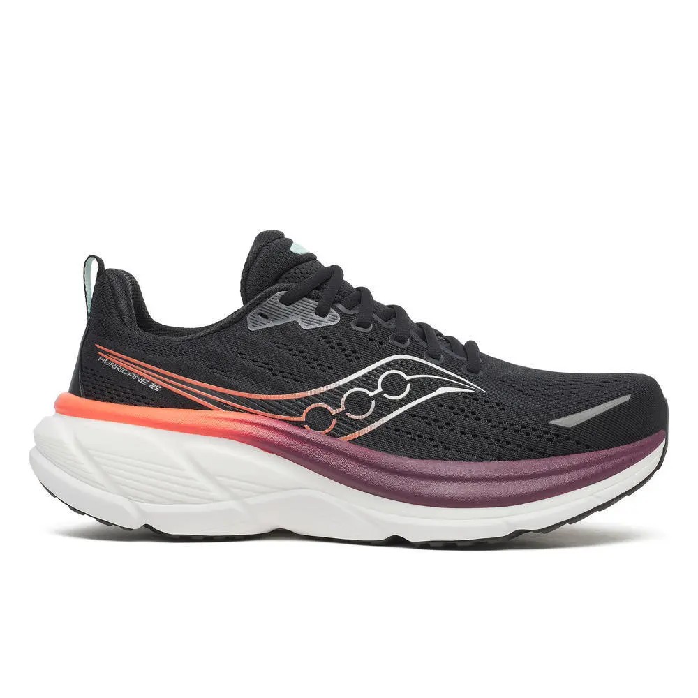 Black running shoes with a breathable mesh upper, featuring silver and orange accents, a cushioned sole, and a sleek design, ideal for comfort and performance.