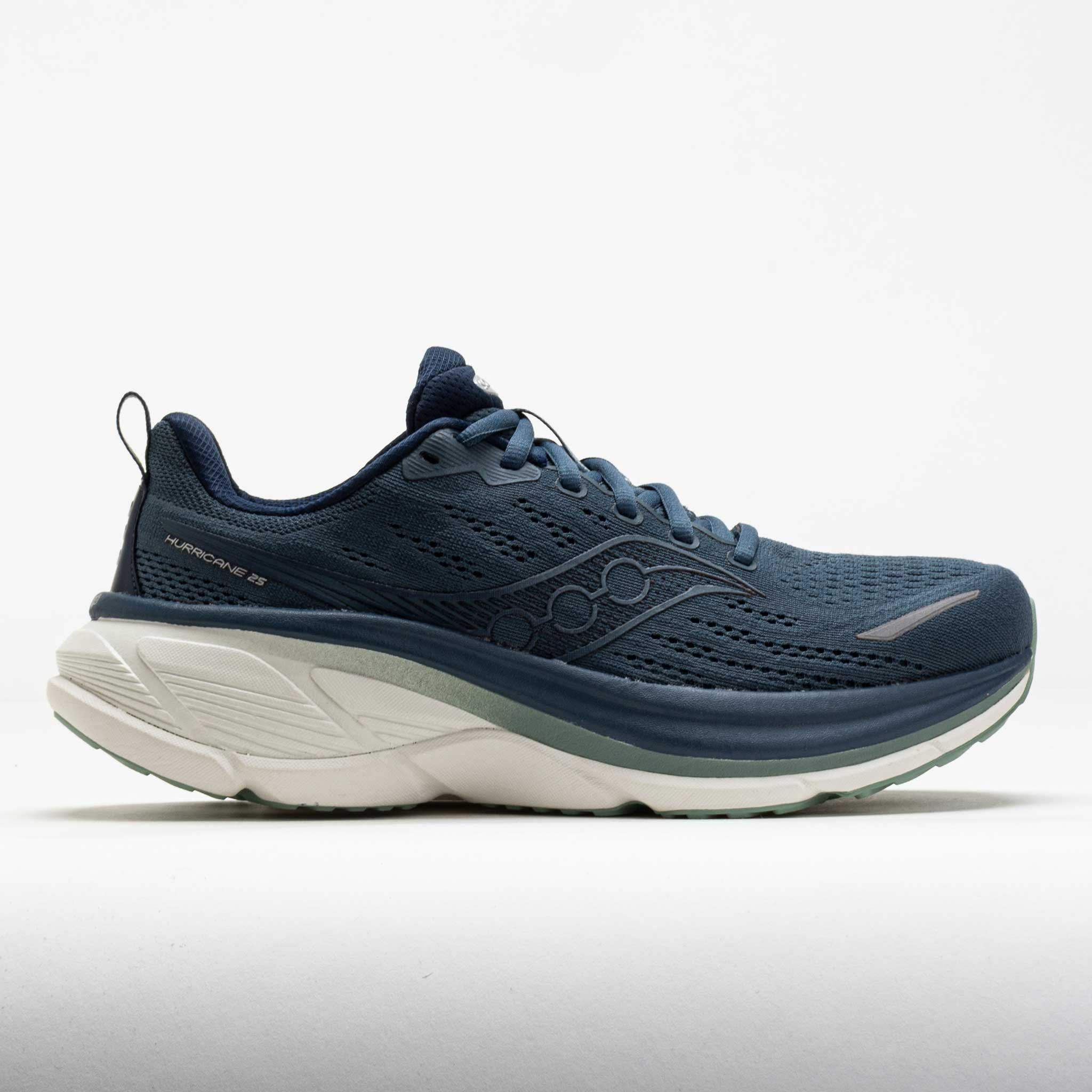 Men's Saucony Hurricane 25 running shoes in dusk blue and iceberg green, featuring a breathable mesh upper, cushioned sole, and reflective detailing for visibility.