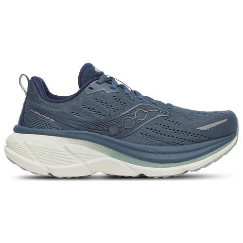 Saucony Hurricane 25 running shoes feature a blue mesh upper, cushioned midsole, and a textured outsole, designed for comfort and stability during runs.