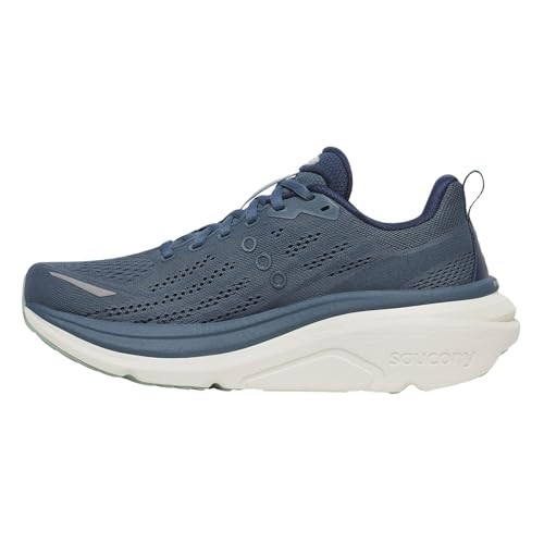 Saucony Hurricane 25 running shoes in navy blue with a breathable mesh upper, cushioned white midsole, and reflective detailing for enhanced visibility.