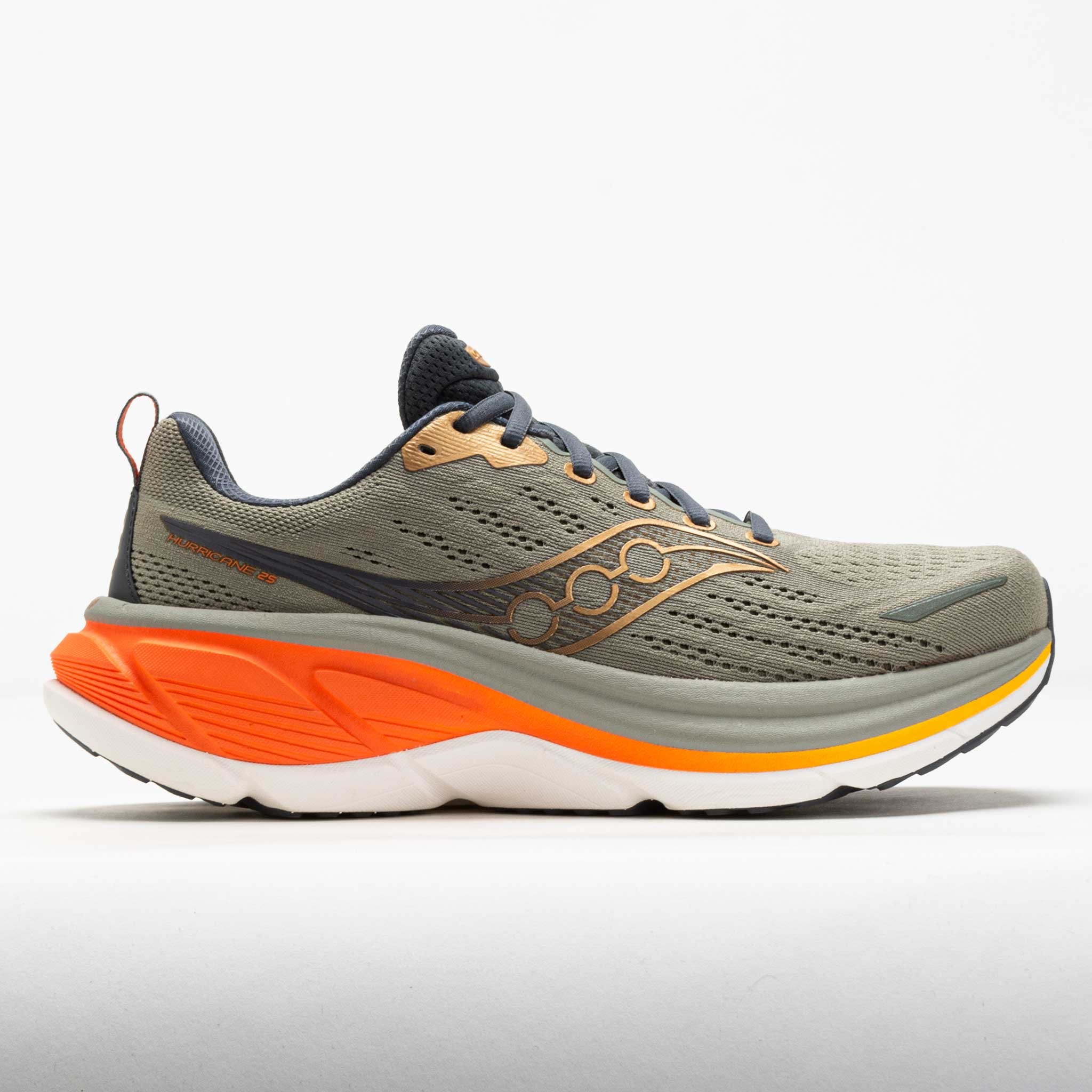 Men's Saucony Hurricane 25 running shoes in Laurel green and Fire orange, featuring a breathable mesh upper, cushioned sole, and sleek design for optimal performance.