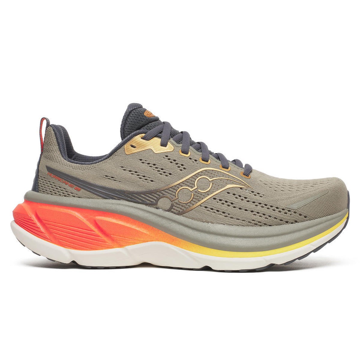 Men's Saucony Hurricane 25 running shoes in Laurel and Fire colorway, featuring a lightweight leather upper, breathable mesh, and a cushioned sole with vibrant orange and yellow accents.