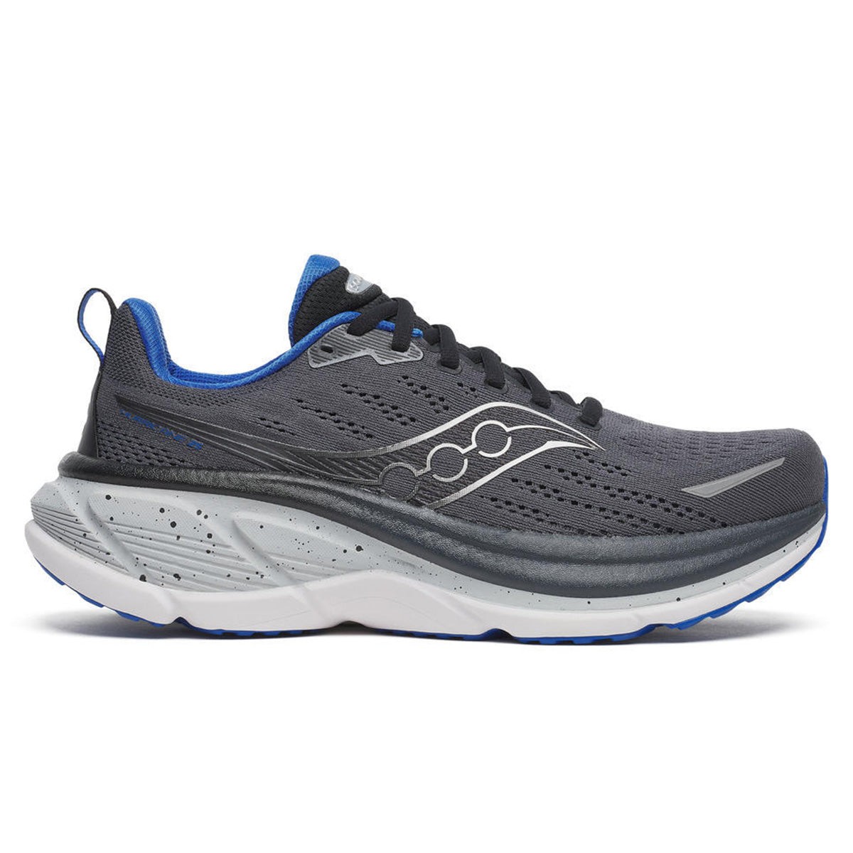 Men's Saucony Hurricane 25 running shoes in shadow and black, featuring a leather upper, blue accents, breathable mesh, and a cushioned white sole for comfort.