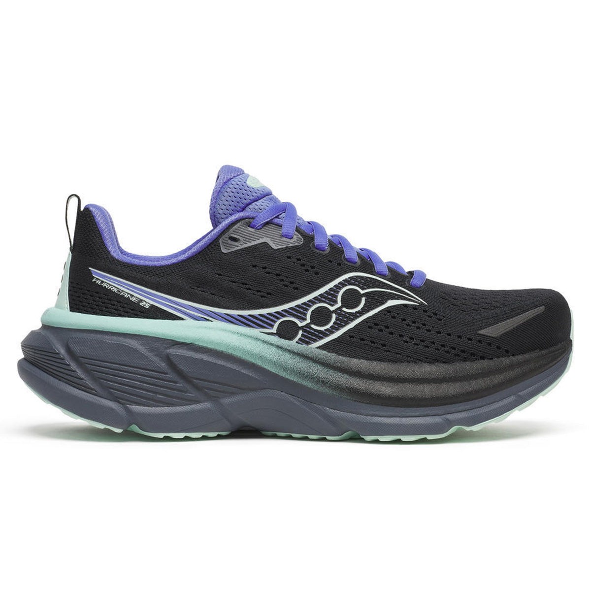 Black running shoe with purple accents, featuring a breathable mesh upper, cushioned sole, and a sleek design, labeled as Saucony Hurricane 25, women's size 9.5.