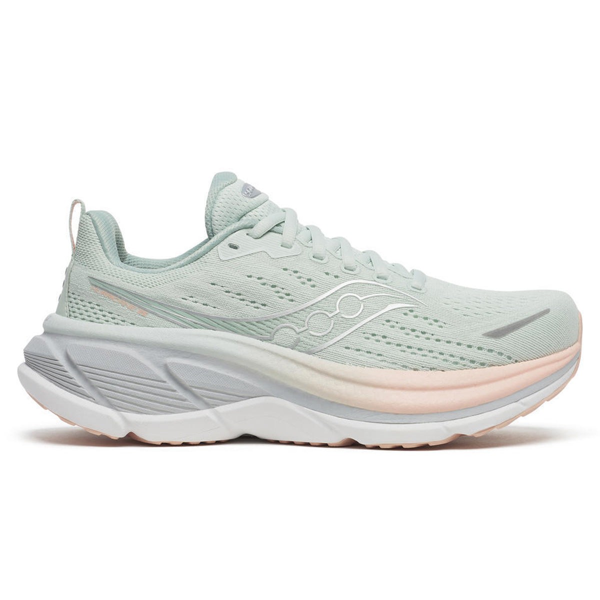 Light green mesh upper running shoes with a soft pink midsole, featuring a cushioned sole and reflective detailing, designed for women's comfort and performance.
