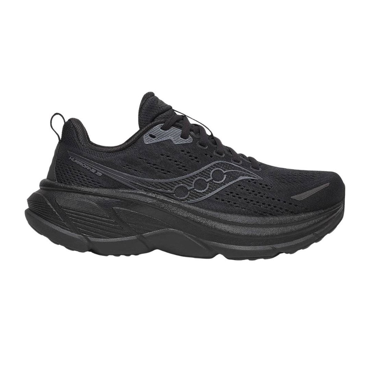 Black women's running shoes featuring a breathable mesh upper, cushioned sole, and reflective detailing, designed for comfort and support during runs.