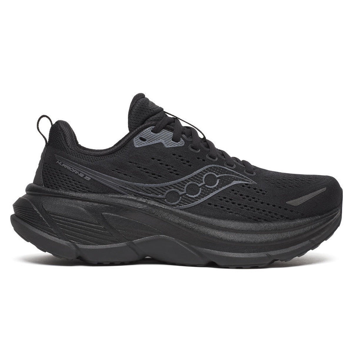Women's Saucony Hurricane 25 in triple black features a breathable mesh upper, cushioned sole, and reflective detailing, size 8.