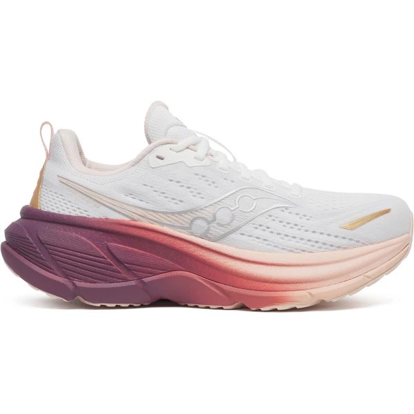 White and cameo pink women's Saucony Hurricane 25 running shoes, featuring a breathable mesh upper, cushioned sole with gradient purple to pink detailing, and a sleek design.