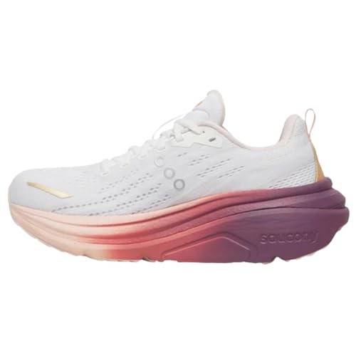Women's Saucony Hurricane 25 running shoes in white and cameo, featuring a breathable mesh upper, cushioned sole with gradient pink to purple, and reflective detailing.