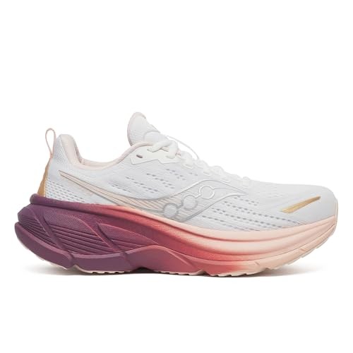 White running shoe with a gradient purple and pink sole, featuring a breathable mesh upper, cushioned midsole, and gold accents, size 9.5.