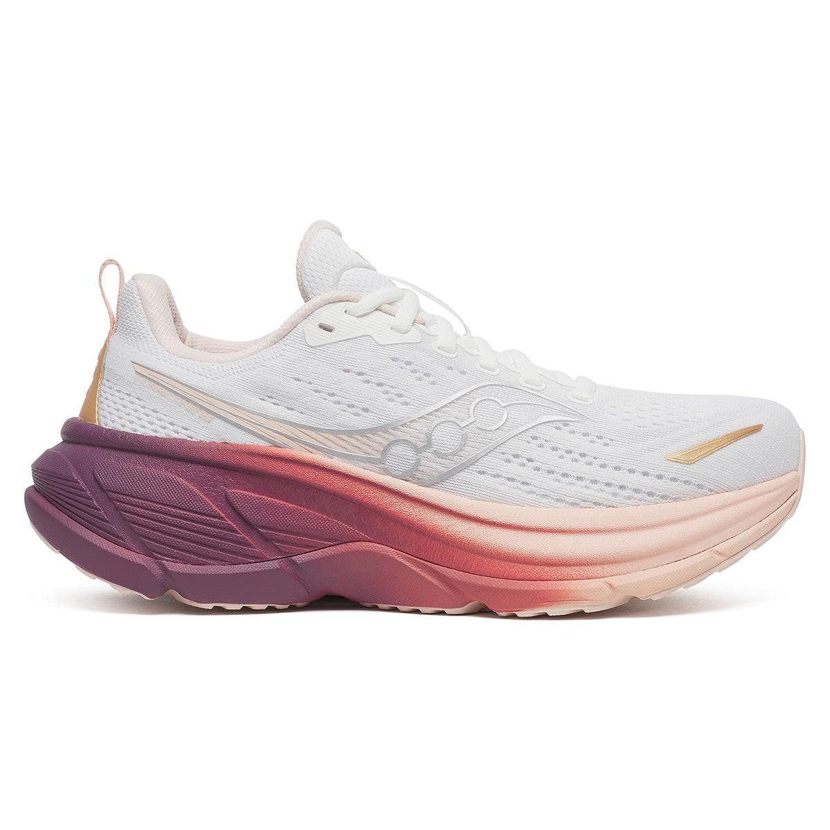 White and pink Saucony Hurricane 25 women's running shoe featuring a breathable mesh upper, cushioned sole with gradient purple to pink color transition, and reflective detailing.