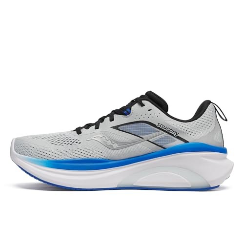 Light grey running shoes with black and blue accents, featuring a breathable mesh upper, cushioned sole, and a sleek design ideal for comfort and performance.