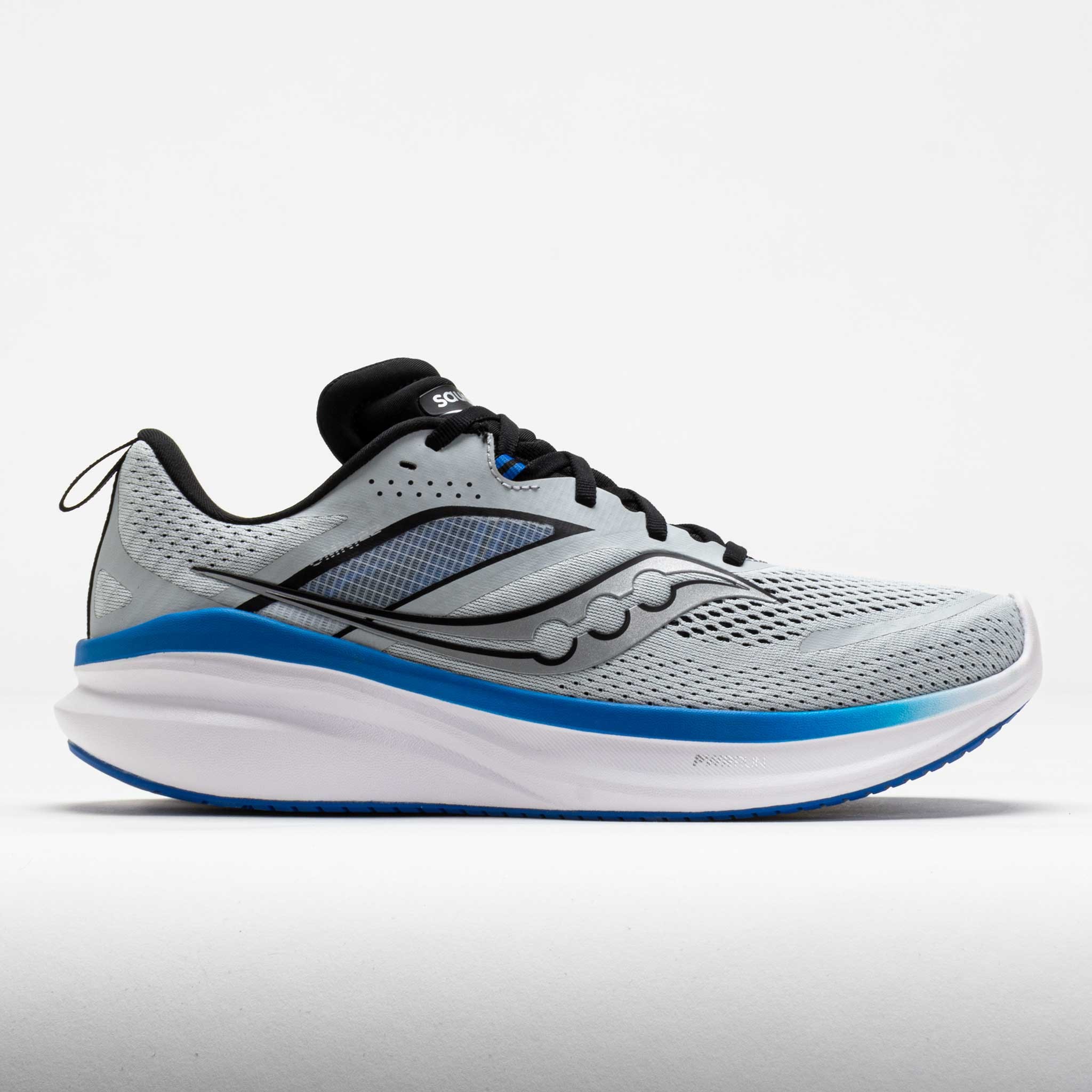 Men's Saucony Omni 22 running shoe in grey with cloud and skydiver accents, featuring a breathable mesh upper, cushioned sole, and a sleek design, size 9.5.