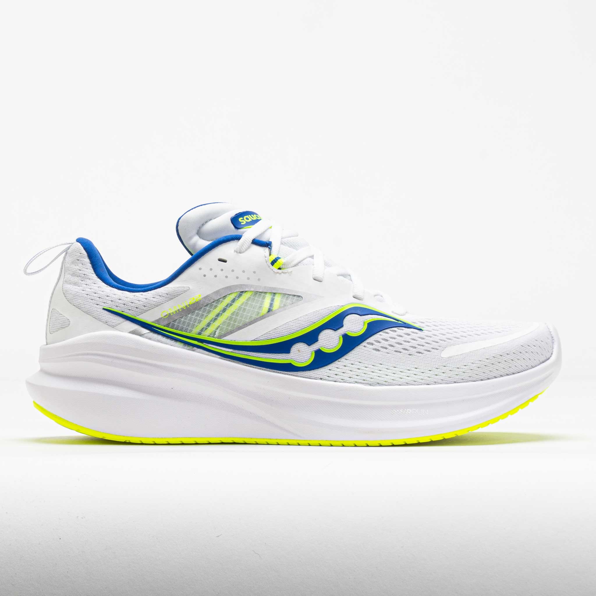 White running shoe with blue and yellow accents, featuring a breathable mesh upper, cushioned sole, and Saucony branding on the side, size 11.