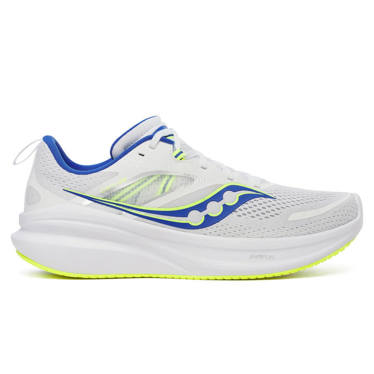 White running shoe with blue and neon green accents, featuring a breathable mesh upper, cushioned sole, and a sleek design, ideal for comfort and performance.