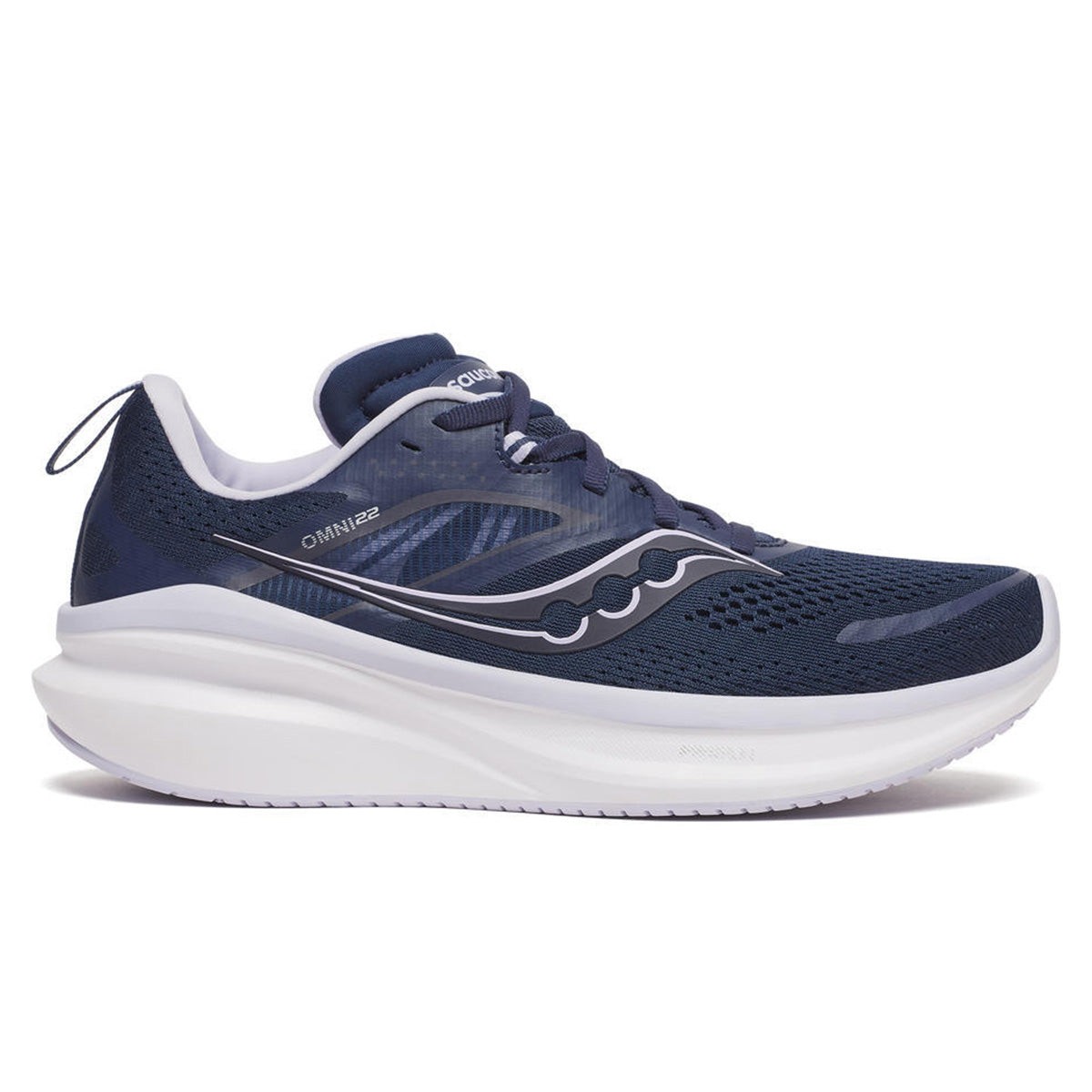 Navy and aster-colored Saucony Omni 22 women's running shoes featuring a breathable mesh upper, cushioned sole, and sleek design with reflective detailing.