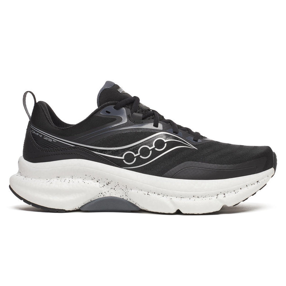 Black and silver Saucony Omni 23 men's running shoes, size 10.5 D, featuring a synthetic upper, cushioned sole, and distinctive wave design on the side.