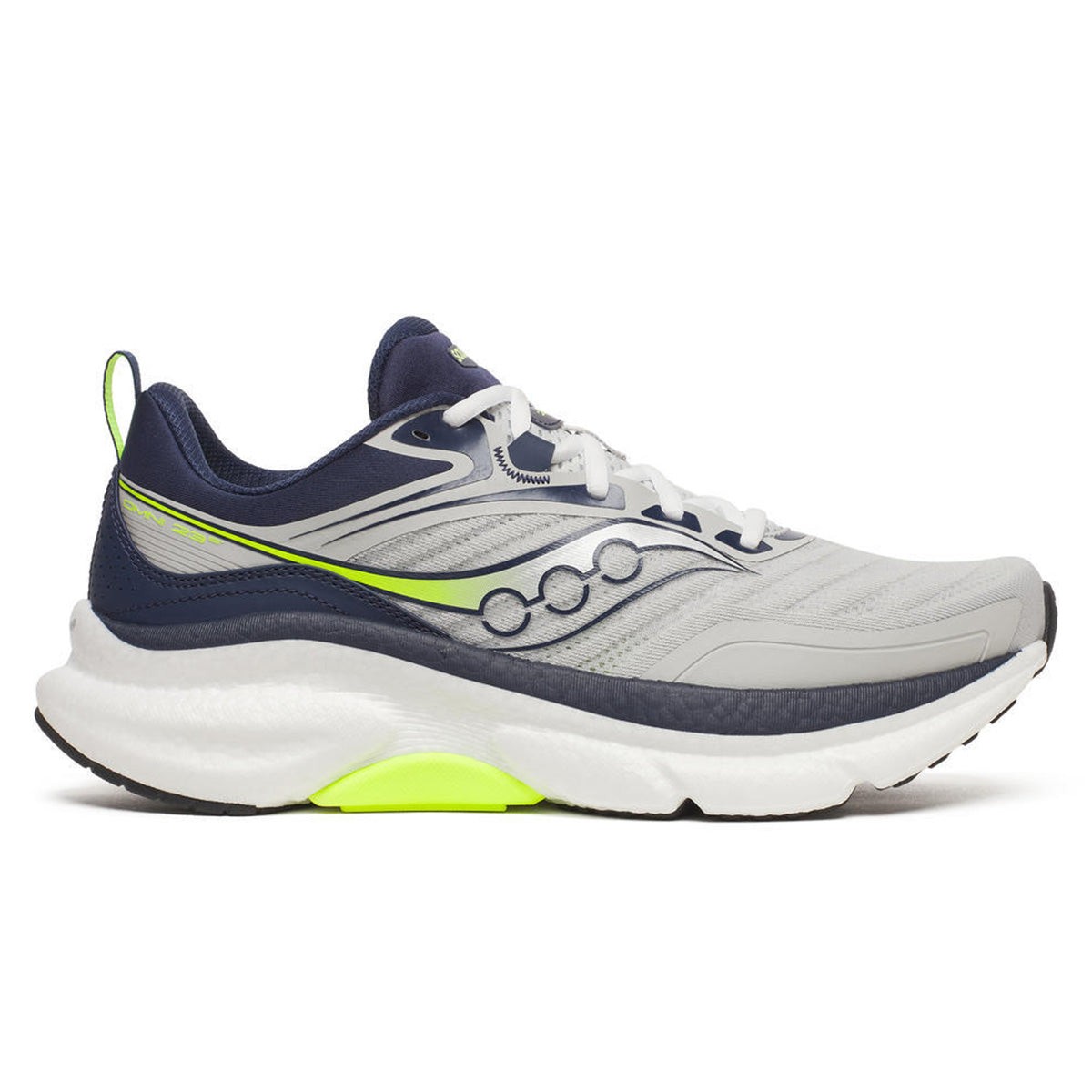 Men's Saucony Omni 23 ST running shoes in Mist/Navy feature a gray and navy upper with a green accent, lightweight cushioning, and a supportive design for comfort during runs.