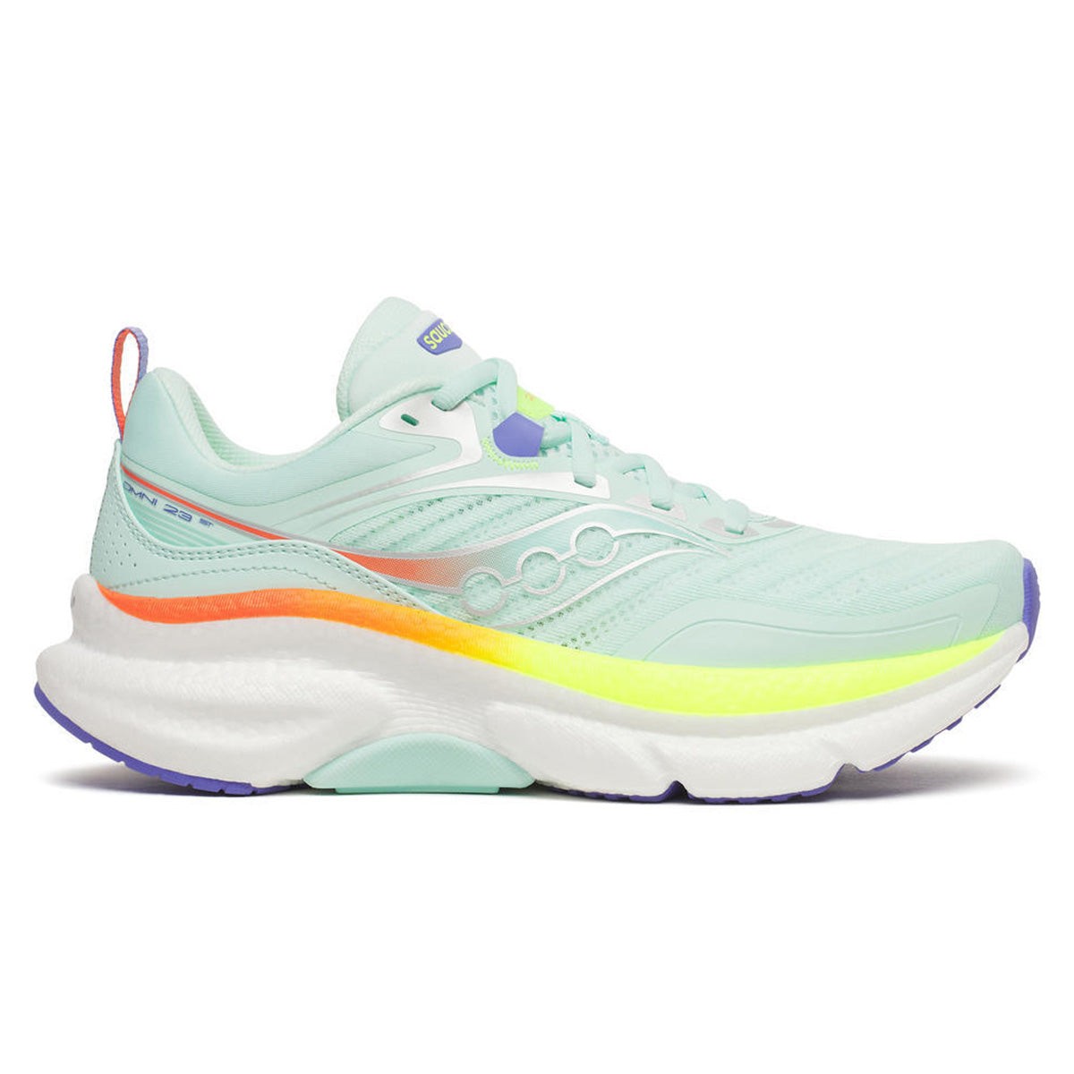 Light mint green women's running shoes with a cushioned sole, featuring a colorful gradient midsole, reflective accents, and a breathable mesh upper.