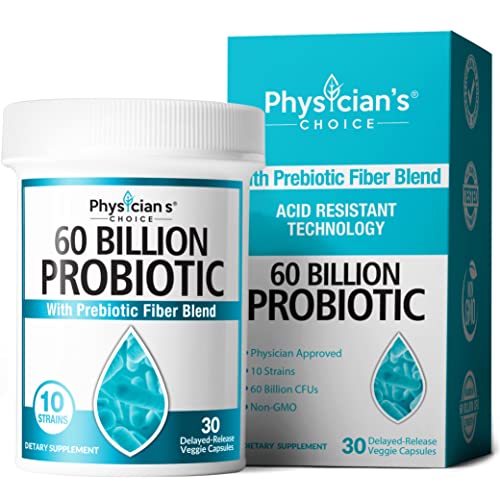 White container with a blue lid labeled "60 Billion Probiotic" and "With Prebiotic Fiber Blend," featuring a blue droplet design; includes a box with similar branding and product details.
