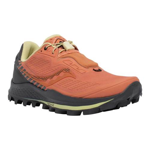 Women's Saucony Peregrine 11 trail running shoe in rust and charcoal with orange and black accents, featuring a textured upper, sturdy sole, and aggressive tread for traction.