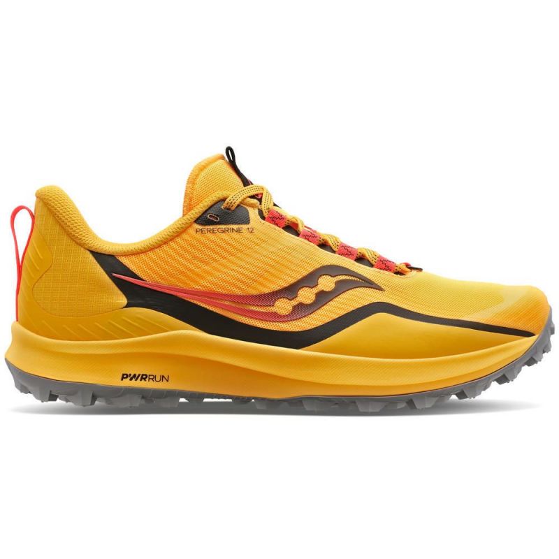 Bright yellow trail running shoe with black and red accents, featuring a textured upper, PWRRUN cushioning, and a rugged outsole for enhanced grip.
