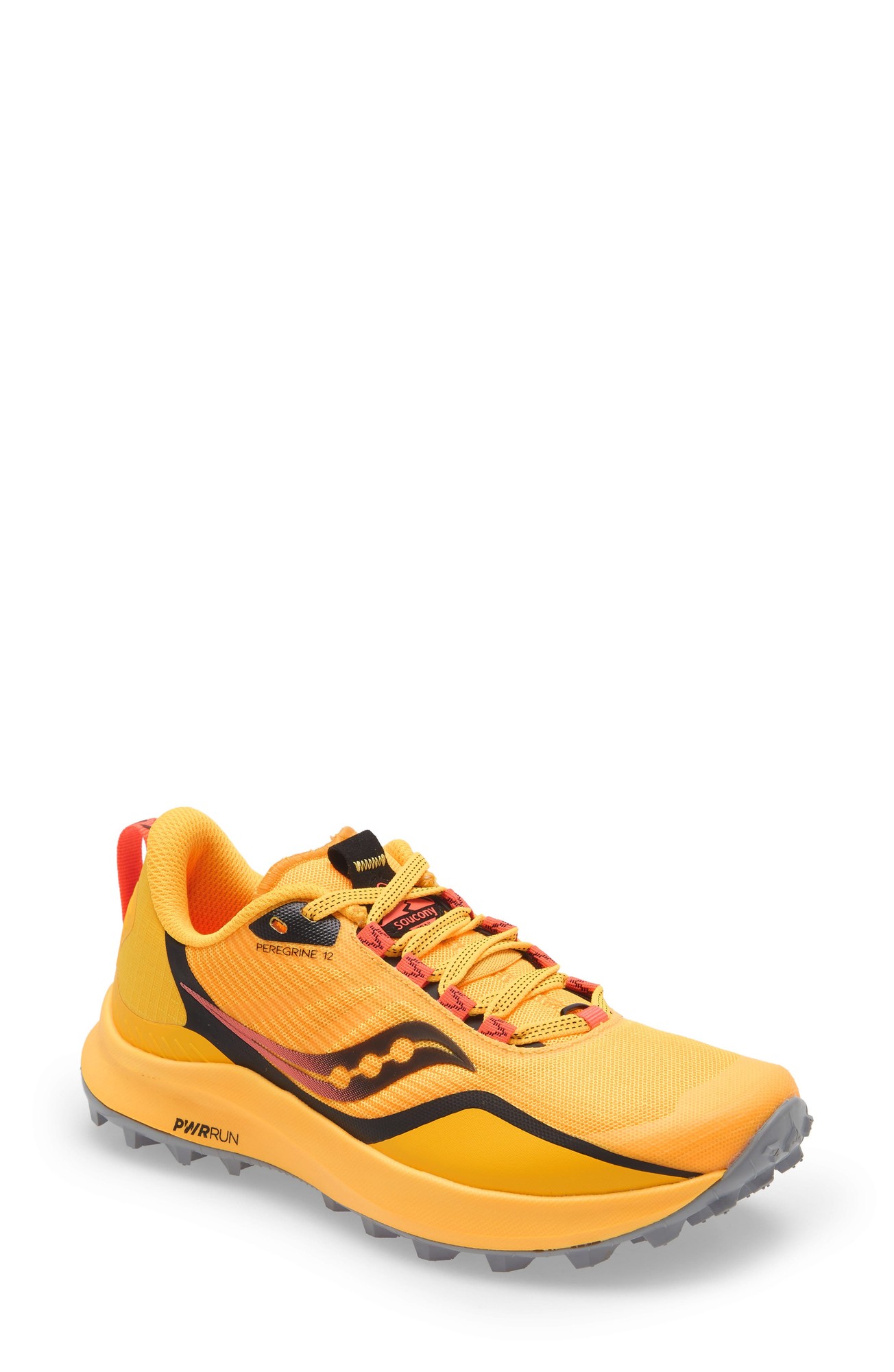 Bright yellow trail running shoe with red accents, featuring a breathable mesh upper, black detailing, and a rugged outsole designed for traction on various terrains.