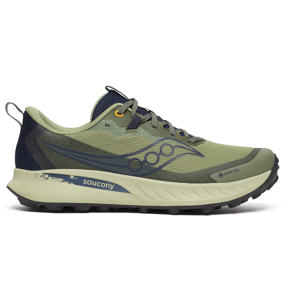 Men's Saucony Peregrine 15 GTX shoes in Hemlock green and navy, featuring a breathable mesh upper, rugged outsole, and GORE-TEX for waterproof protection.