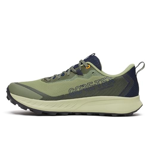 Light green and navy trail running shoes with a breathable mesh upper, featuring Gore-Tex for waterproofing, a cushioned sole, and rugged outsole for traction.