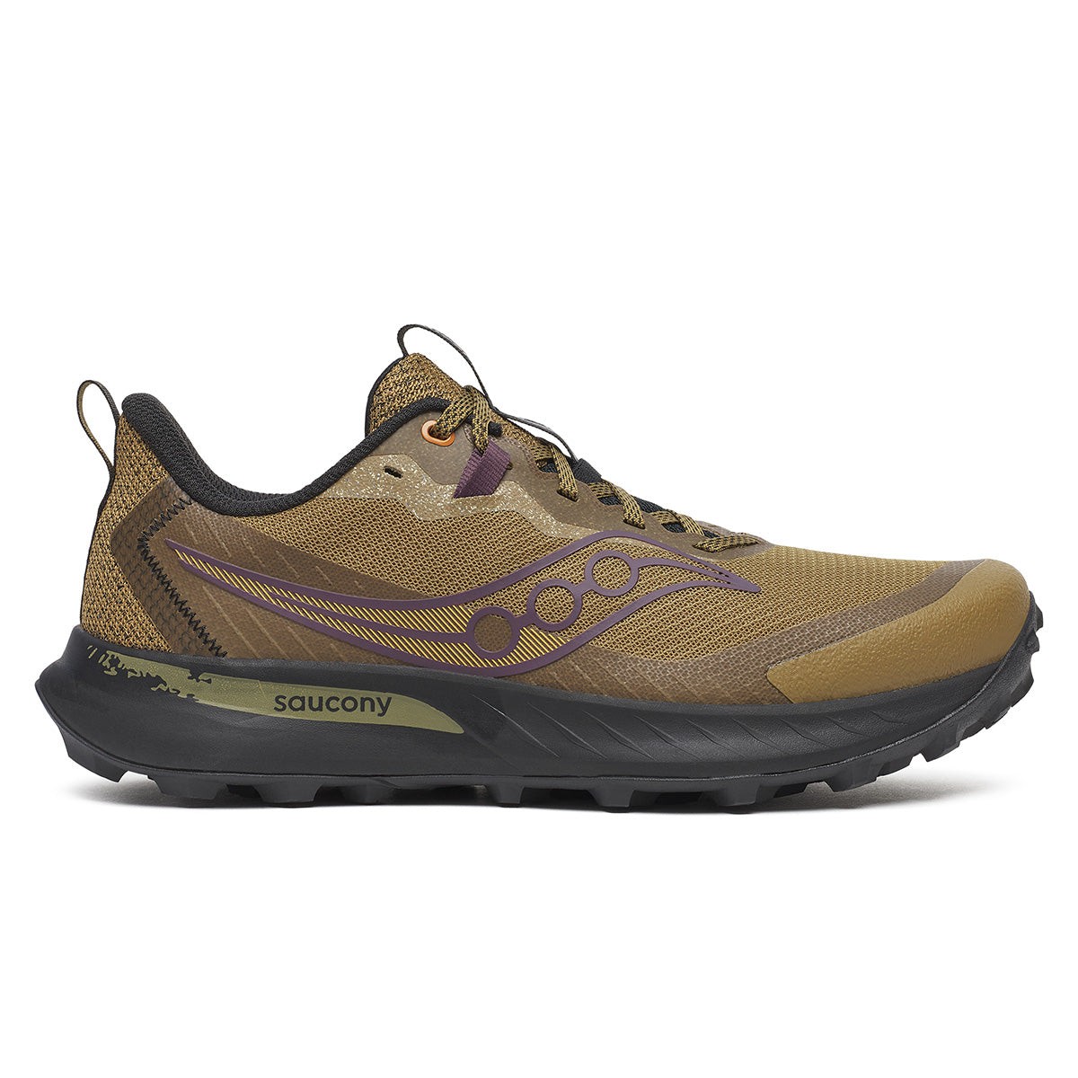 Men's Saucony Peregrine 15 shoes in Kodiak brown and black, featuring a mesh upper, purple logo, and rugged outsole for traction, size 14.