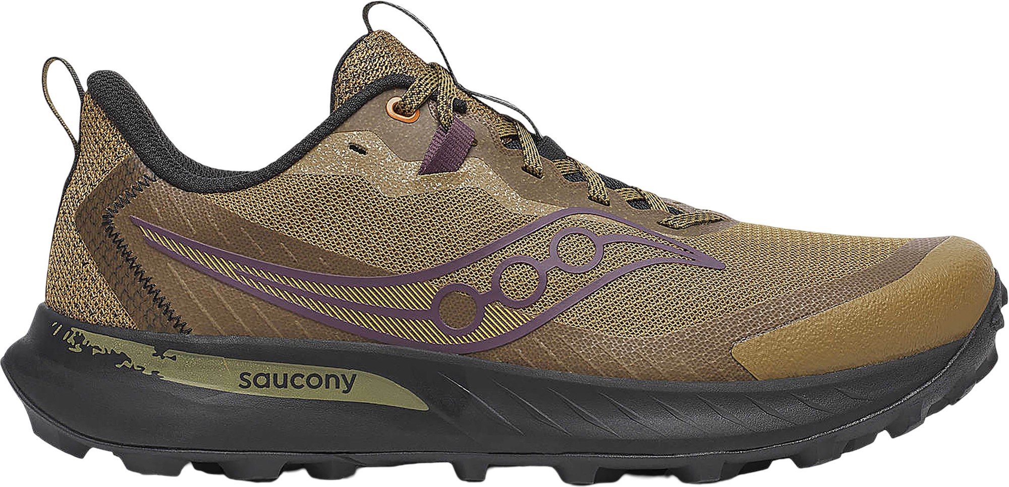 Brown and tan trail running shoes with a textured upper, purple accents, and a rugged black sole designed for traction on various terrains.