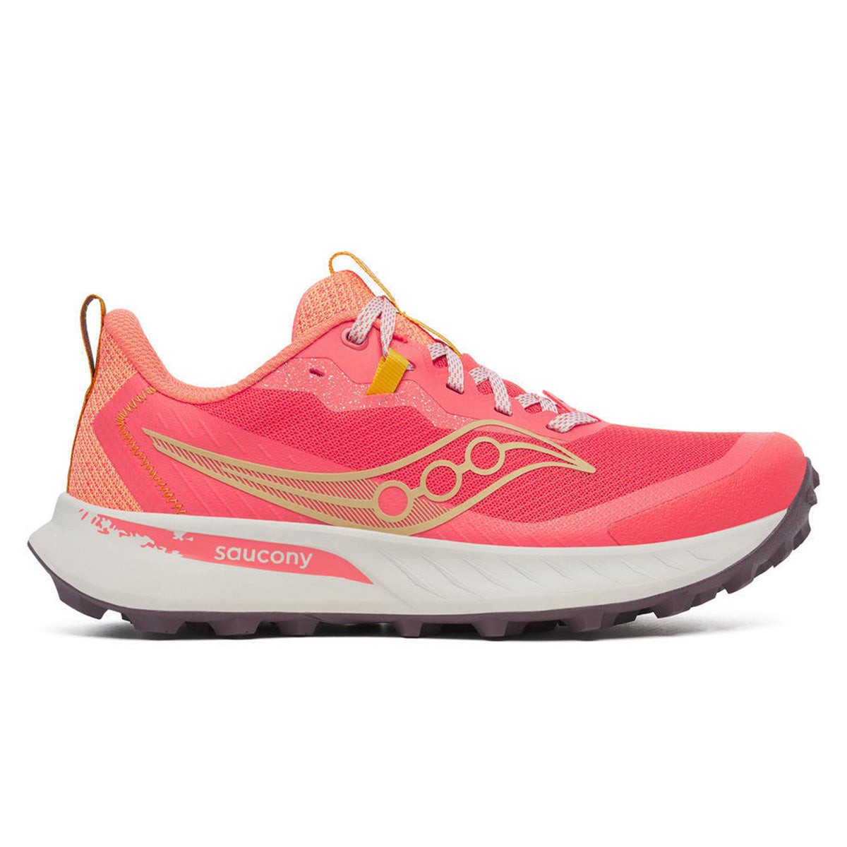 Pink and orange Saucony Peregrine 15 trail shoes for women, featuring a lightweight mesh upper, cushioned sole, and rugged outsole for traction. Size 36.