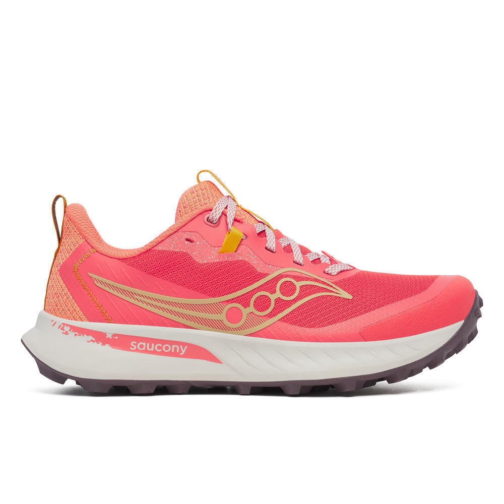 Bright coral and salmon pink women's running shoe featuring a textured upper, yellow accents, white laces, and a rugged outsole for traction, size 5.5.