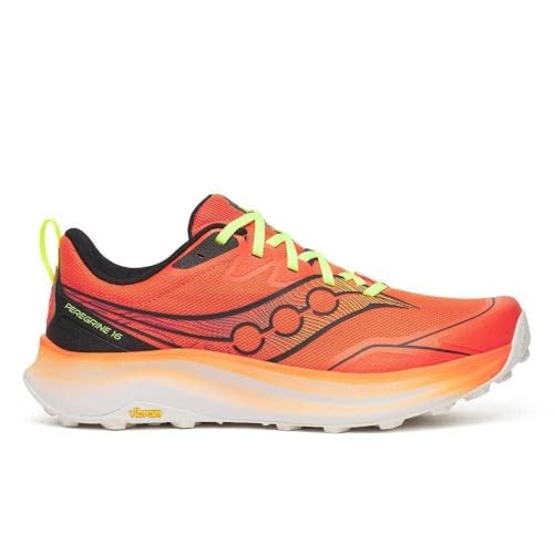 Bright orange running shoe with black and yellow accents, featuring a breathable mesh upper, cushioned sole, and distinctive Saucony logo on the side. Size 11.5.