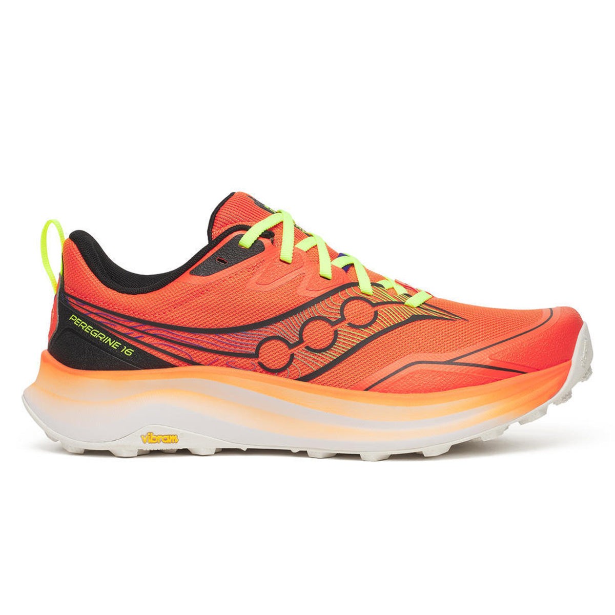 Bright orange and black Saucony Peregrine 16 running shoe featuring a lightweight mesh upper, vibrant detailing, and a rugged outsole designed for traction on various terrains.