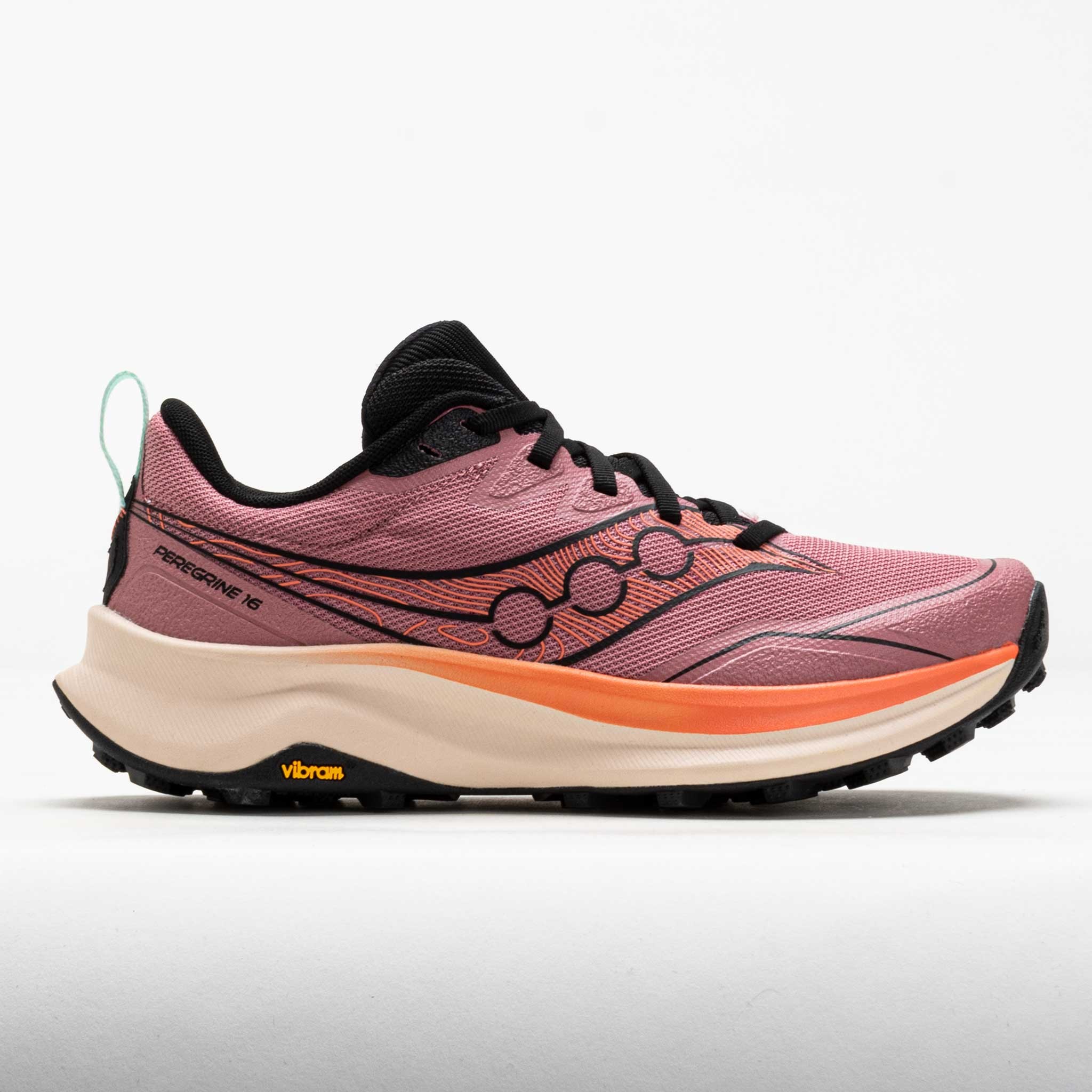 Saucony Peregrine 16 women's running shoes in mauve and salmon, featuring a lightweight mesh upper, black accents, and a Vibram outsole for enhanced traction, size 7.5 B.