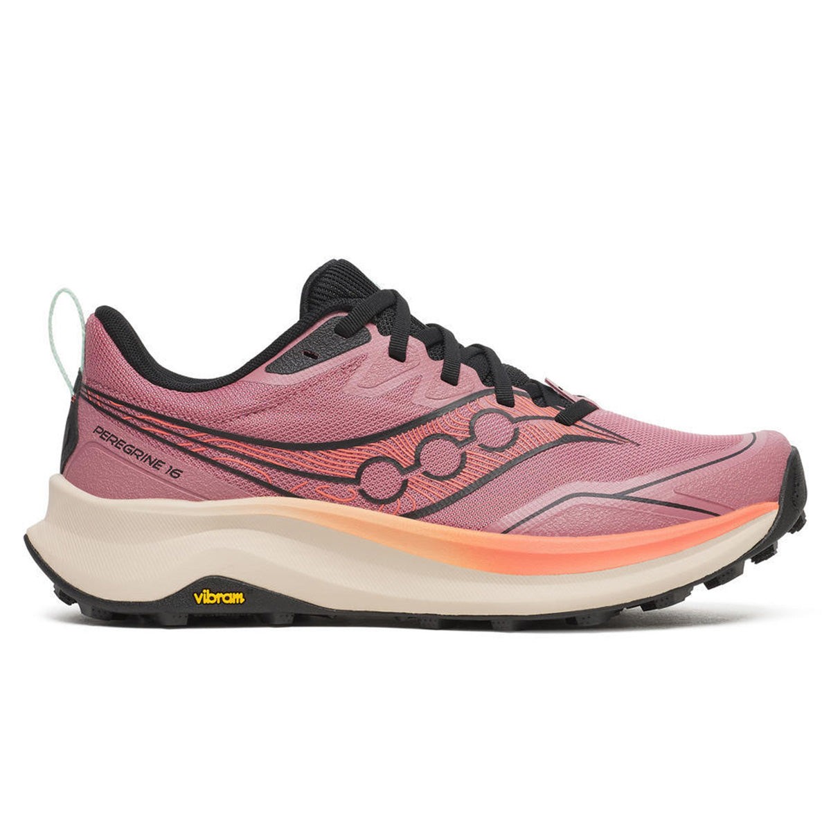 Saucony Peregrine 16 women's running shoes in mauve and salmon, featuring a lightweight mesh upper, black laces, and a Vibram outsole for traction, size 10.5 B - Medium.