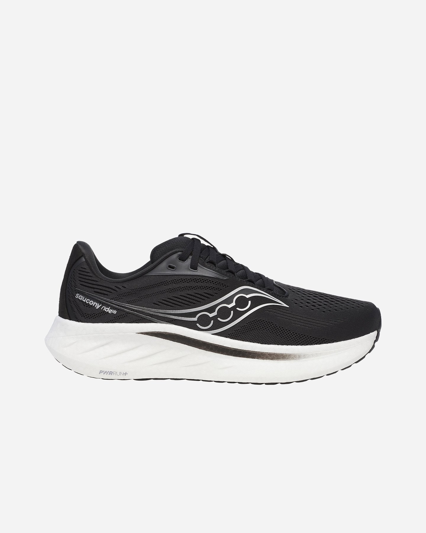 Black Saucony Men's Ride 18 running shoes featuring a sleek design, breathable mesh upper, and white midsole with a prominent logo on the side.