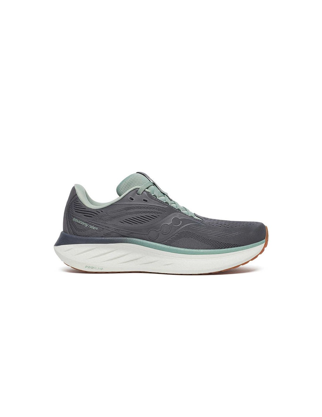 Men's Saucony Ride 18 running shoe in carbon grey and iceberg green, featuring a breathable mesh upper, cushioned sole, and a sleek design, size 11.