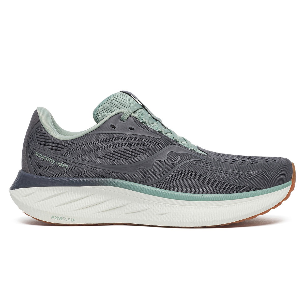 Men's Saucony Ride 18 running shoes in carbon grey and iceberg green, featuring a breathable mesh upper, cushioned sole, and a sleek design, size 6.5.