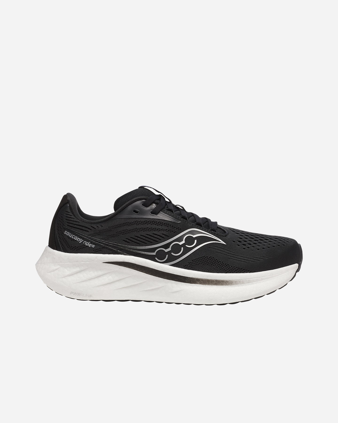 Black Saucony Ride 18 running shoe featuring a breathable mesh upper, cushioned white midsole, and a sleek design with reflective detailing and a signature logo on the side.