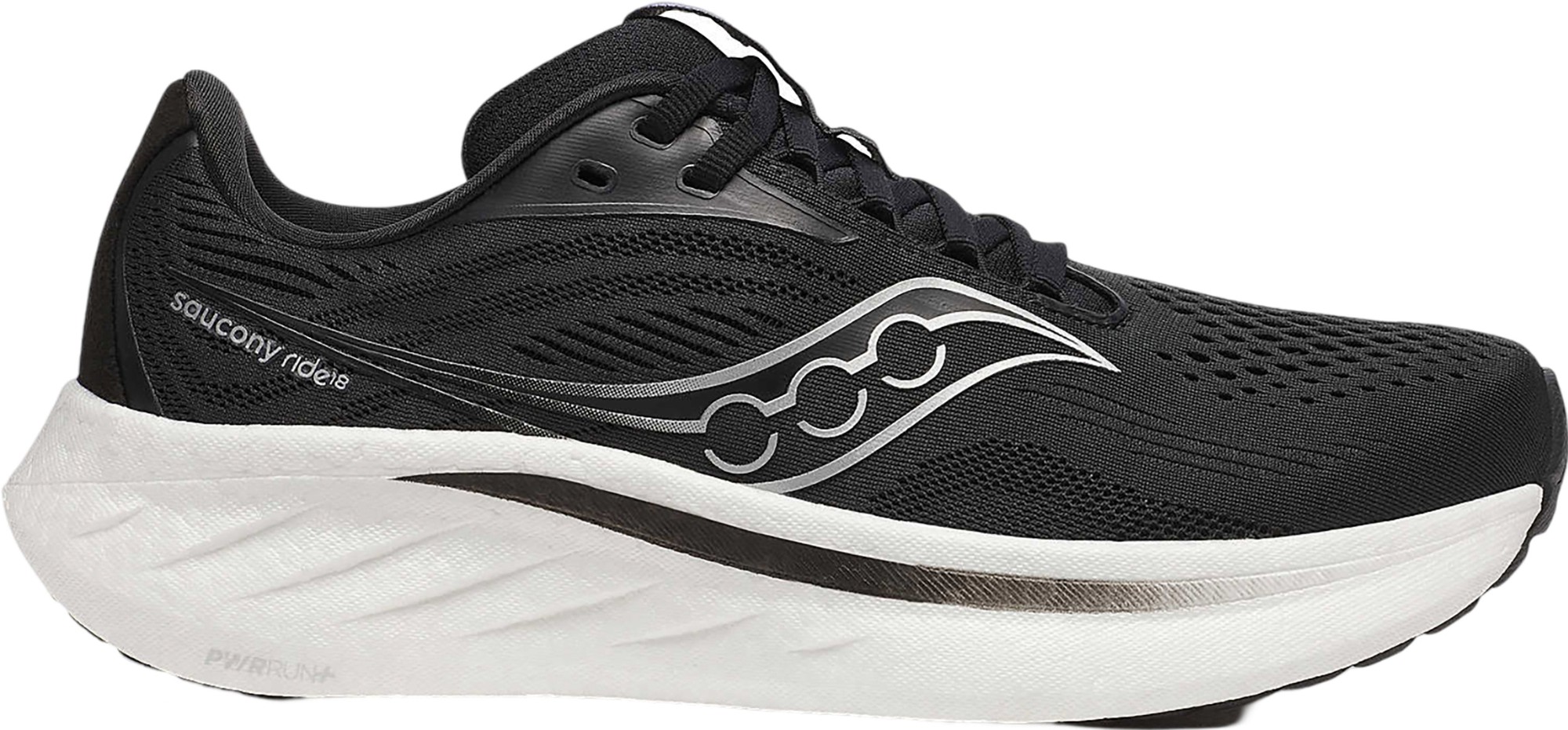 Black Saucony Ride 18 women's running shoe in size 10.5 M, featuring a breathable mesh upper, cushioned sole, and sleek design with silver accents.