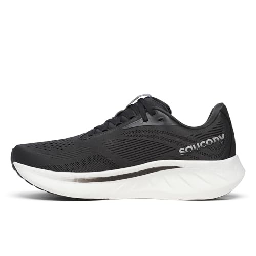 Black Saucony Women's Ride 18 running shoe in size 11M features a breathable mesh upper, cushioned sole, and sleek design with a white midsole and reflective detailing.