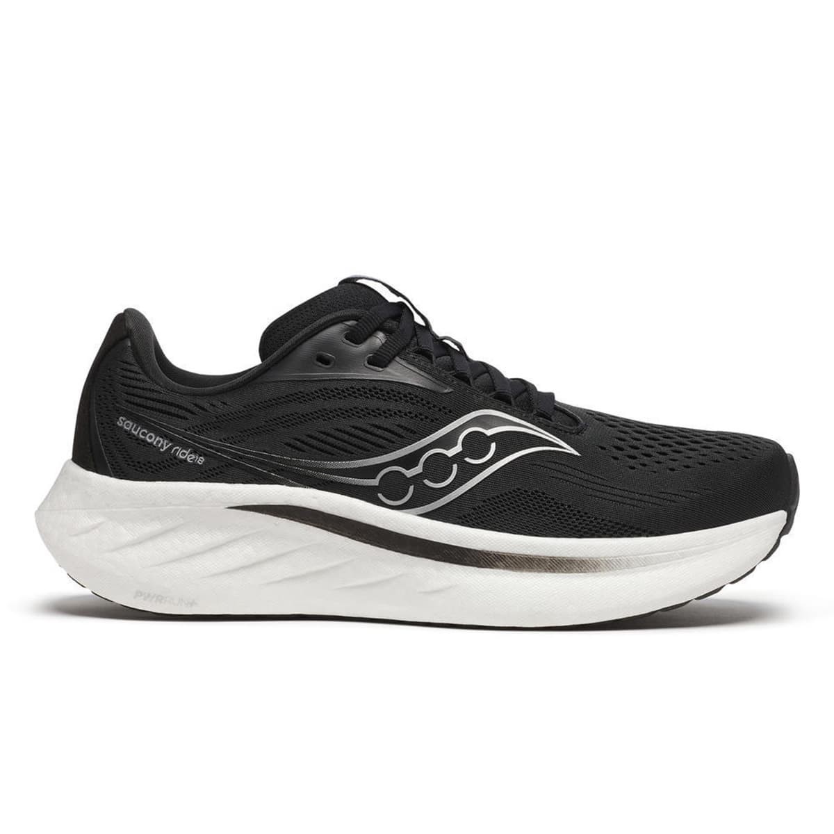 Black Saucony Women's Ride 18 running shoe in size 12, featuring a breathable mesh upper, cushioned white midsole, and distinctive silver logo detailing on the side.