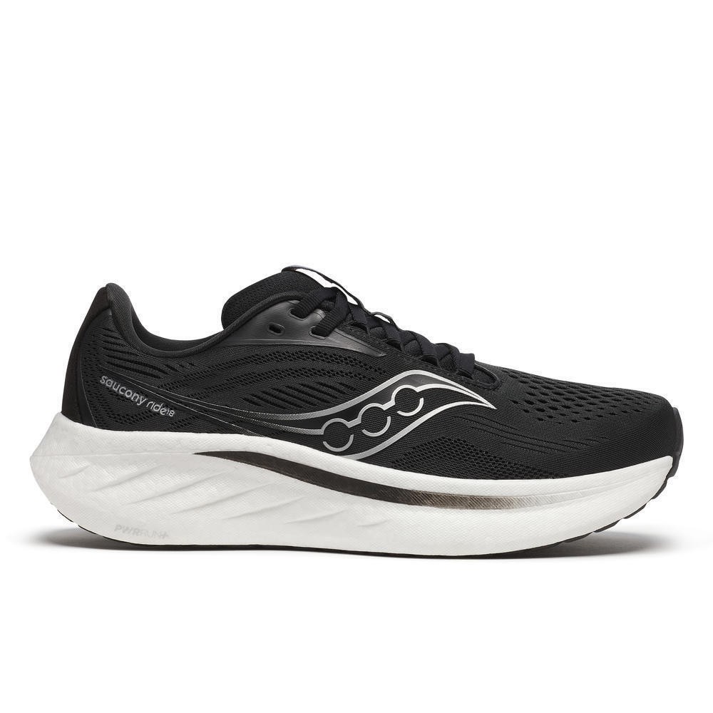 Black and white Saucony Ride 18 women's running shoe featuring a breathable mesh upper, cushioned sole, and distinctive logo on the side, designed for wide feet.