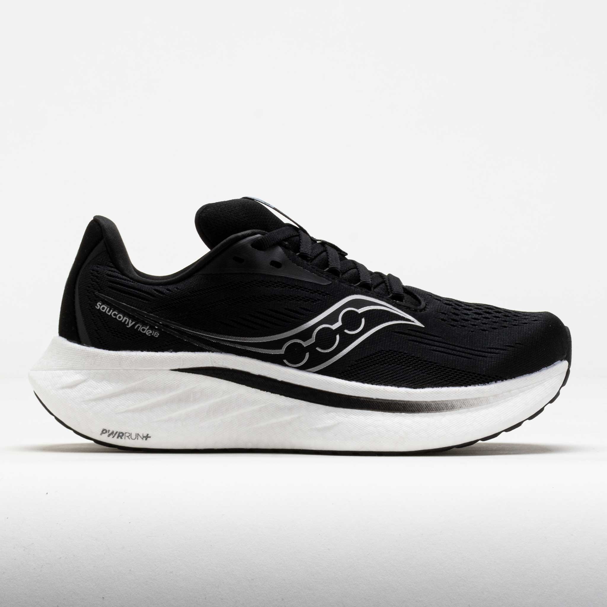 Black Saucony Ride 18 women's running shoe featuring a sleek design, breathable mesh upper, and a white midsole with PWRRUN+ cushioning for enhanced comfort.