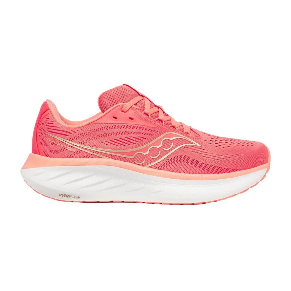 Coral and salmon pink women's running shoe with breathable mesh upper, gold detailing, cushioned white sole, and a sleek design, size 10 by Saucony.