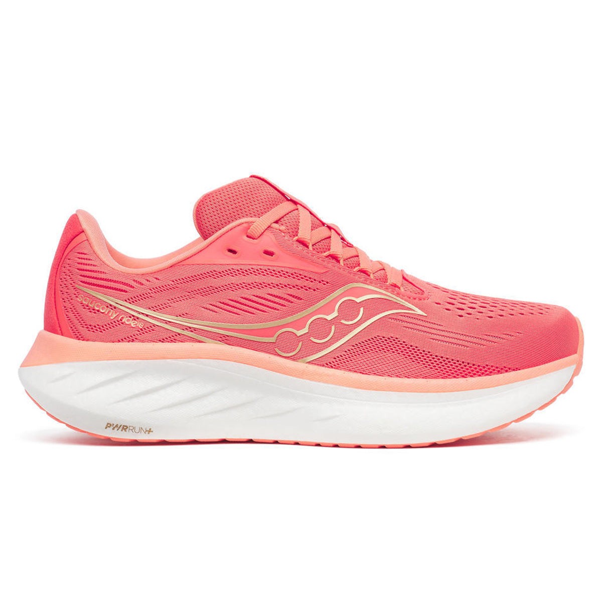 Pink and orange women's Saucony Ride 18 shoes featuring a breathable mesh upper, cushioned sole, and gold detailing on the side, size 35.5.