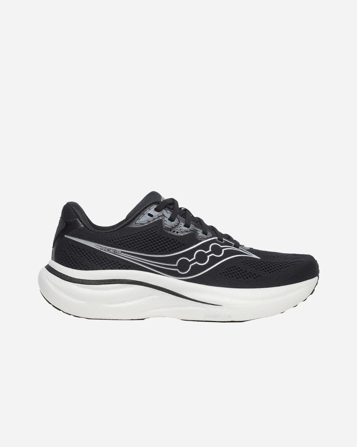 Men's Saucony Ride 19 running shoes in black and silver, featuring a breathable mesh upper, cushioned sole, and a sleek design for optimal performance.