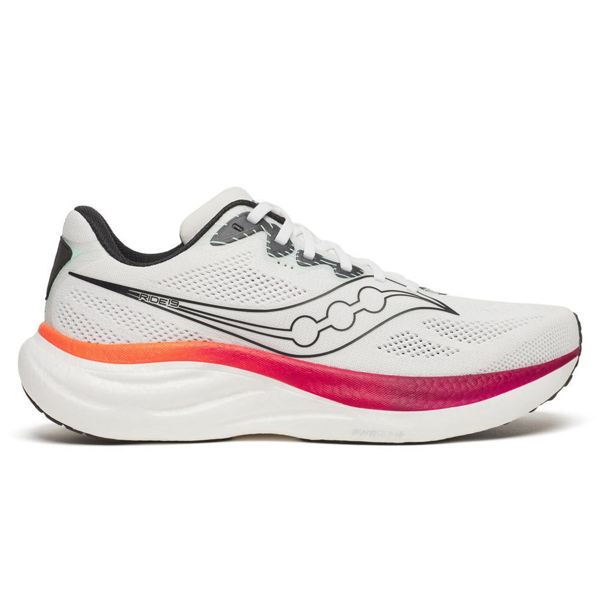 White running shoes with a breathable mesh upper, featuring black accents, a colorful gradient sole in pink and orange, and a sleek, modern design.